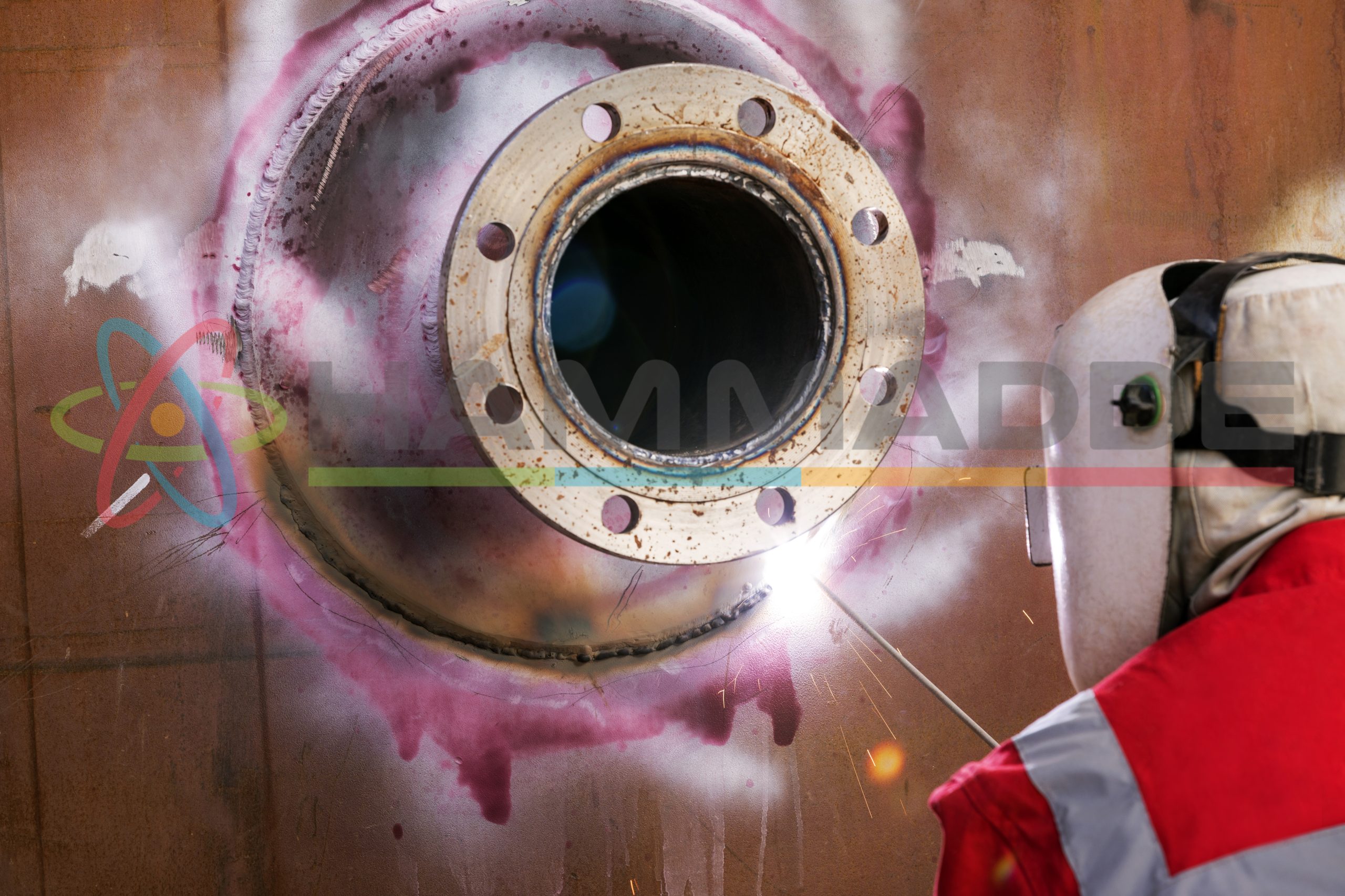 View of the defects on the weld metal after the liquid penetrant testing. The welder is repairing them. Dye penetrant inspection is a nondestructive testing method.