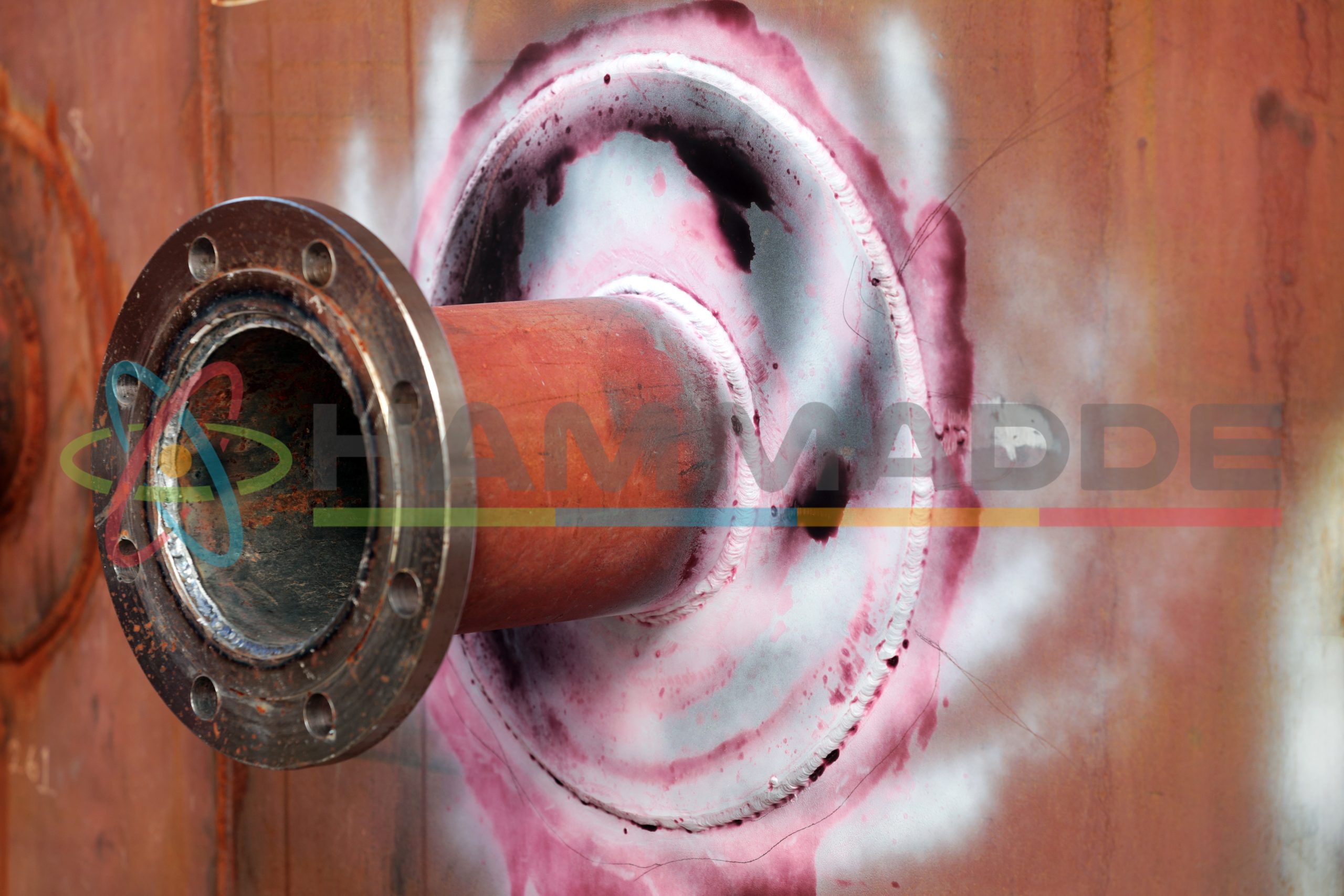 View of the penetrant testing to reinforcement plate welds of the nozzle of the oil storage tank. Dye penetrant inspection, also called liquid penetrate inspection or penetrant testing (PT), is a widely applied and low-cost inspection method.
