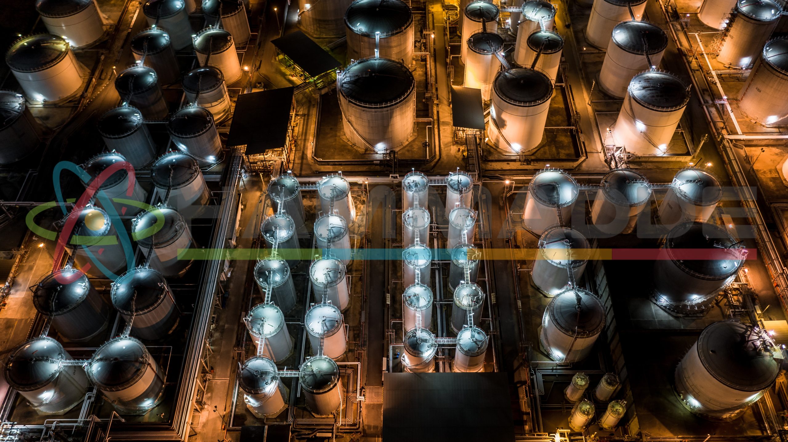 Night Time Aerial View of Liquid Chemical Tank Terminal