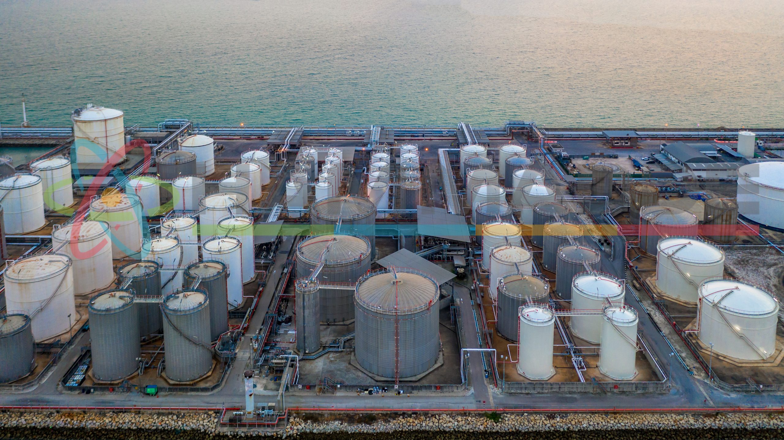 Liquid chemical tank terminal, Storage of liquid chemical and petrochemical products tank, Aerial view.