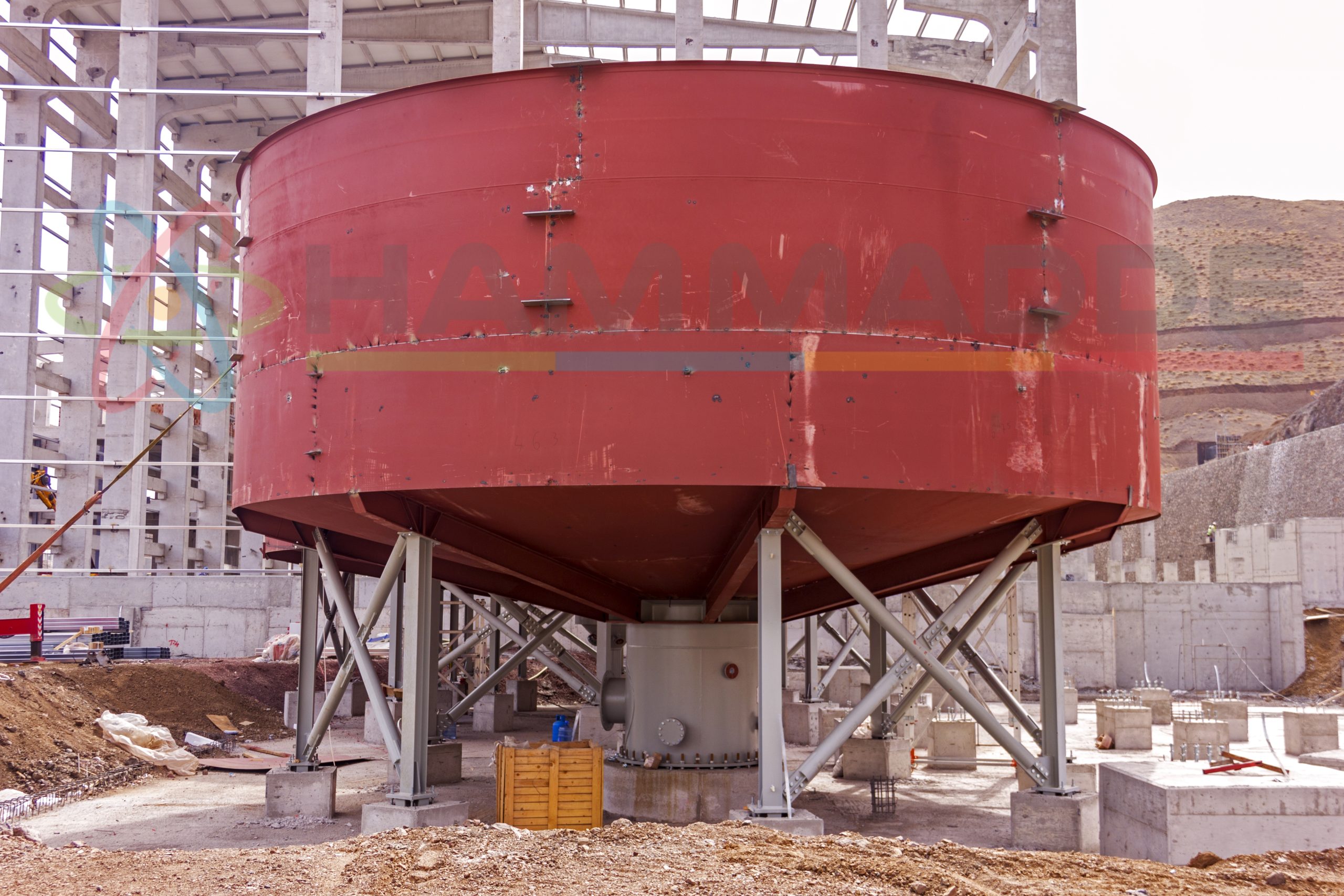 View of the flotation chemical tank (thickener tank) for the mineral separation in the mine plant. Froth flotation is a process for selectively separating hydrophobic materials from hydrophilic.